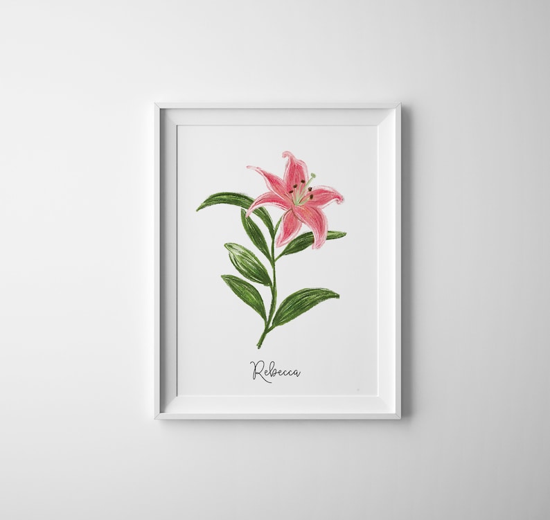 Star Gazer Lily Fine Art Print, Personalized Hand Illustration with Name, Botanical Print, Giclee Floral Print, Bedroom Wall Home Teen Decor image 1