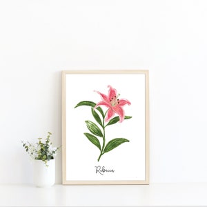 Star Gazer Lily Fine Art Print, Personalized Hand Illustration with Name, Botanical Print, Giclee Floral Print, Bedroom Wall Home Teen Decor image 2