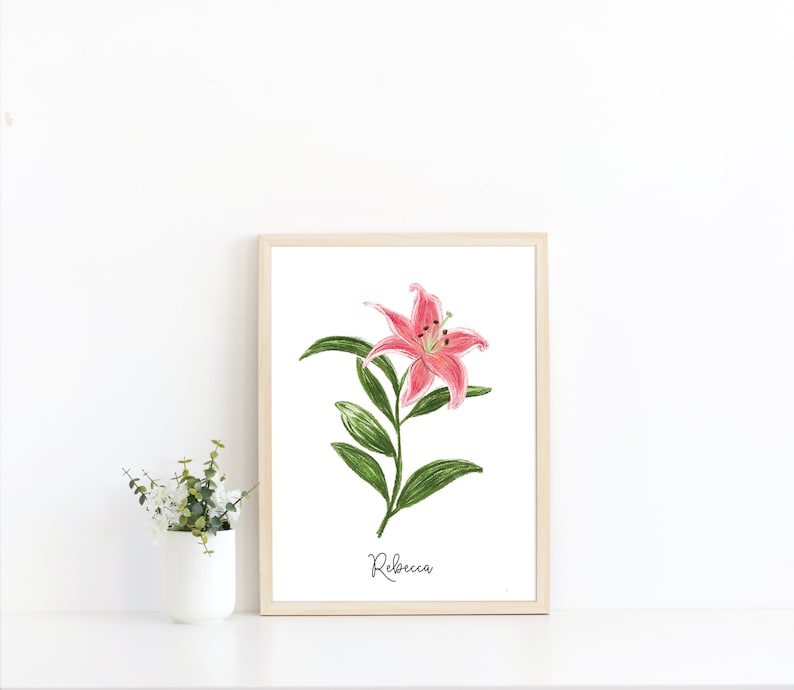 Star Gazer Lily Fine Art Print, Personalized Hand Illustration with Name, Botanical Print, Giclee Floral Print, Bedroom Wall Home Teen Decor image 2