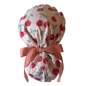 Cherry Scrub Cap | Ponytail Surgical Cap | Coquette Nurse Hat | Satin or Cotton Lined Scrub Hat | Pink Cherry Medical Cap | Handmade Gift