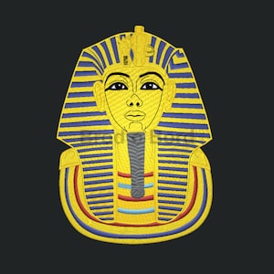 Peut inclure: Une image brodée en or et bleu d'une tête de pharaon égyptien portant une coiffe traditionnelle.