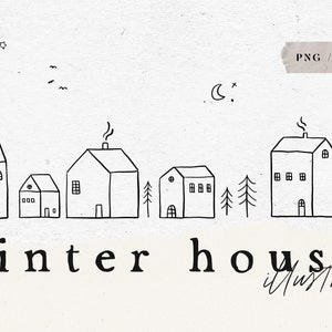 WINTER HOUSES BLACK / hand drawn xmas christmas tree Illustration Clipart for Card Design and Social Media