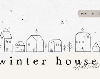 WINTER HOUSES BLACK / hand drawn xmas christmas tree Illustration Clipart for Card Design and Social Media