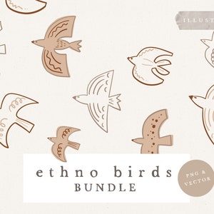 ETHNO BIRDS CLIPART / vector and png bundle boho illustration hand drawn sketches