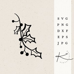 May include: Black and white illustration of a holly branch with berries. The illustration is on a beige background with the text "SVG, PNG, DXF, EPS, JPG" and a stylized letter "K" with the text "Design Studio" on the right side of the image.