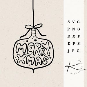May include: Black and white line art illustration of a Christmas ornament with the text "Merry Xmas" inside.