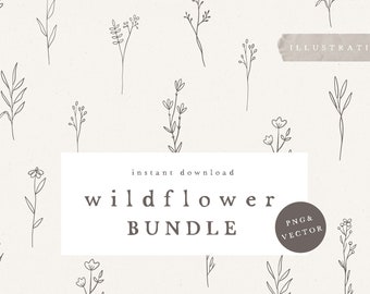 WILDFLOWER CLIPART Bundle / florals and leaves png Graphic Design handdrawn