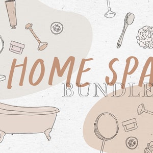 Könnte beinhalten: Eine handgezeichnete Illustration eines Home-Spa-Pakets mit Artikeln wie einer Badewanne, einer Gesichtsmaske, einer Gesichtsrolle, einem Waschlappen und einem Handspiegel. Der Text "HOME SPA BUNDLE" ist in brauner Schrift geschrieben.