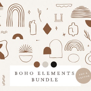 Könnte beinhalten: Ein Set mit 20 Illustrationen im Boho-Stil in Braun und Weiß. Die Illustrationen umfassen Bögen, Regenbögen, Sterne, Pflanzen, Vasen und geometrische Formen. Der Text "BOHO ELEMENTS BUNDLE" und "PNG & VECTOR" ist ebenfalls im Bild enthalten.