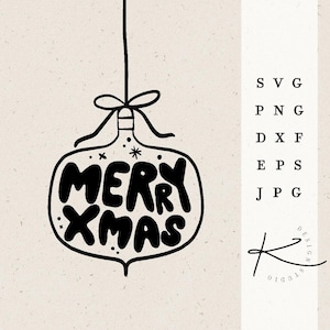 May include: Black and white illustration of a Christmas bauble with the text "Merry Xmas" inside. The bauble is hanging from a string.