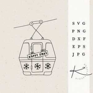 May include: A black and white line drawing of a cable car with a sign that says "Happy Xmas". The cable car has snowflakes on the sides.