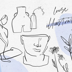 Könnte beinhalten: Ein Satz von Line-Art-Illustrationen mit einer Vase, einer Büste, einer Person und Blumen. Die Illustrationen sind in Schwarzweiß und vor einem hellblauen Aquarellhintergrund angeordnet. Der Text "Loose Illustration" ist in schwarzer Kursivschrift geschrieben.