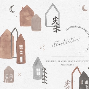 PACCHETTO CASE ACQUERELLO / albero di Natale disegnato a mano Clipart di illustrazione per la progettazione di carte e social media