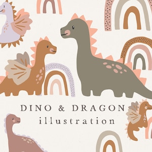 Pode incluir: Uma ilustração digital de dinossauros e dragões coloridos com arcos-íris. O texto "Dino & Dragon illustration" está na parte inferior da imagem.