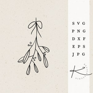 May include: Line art illustration of a mistletoe sprig with a bow at the top. The image includes the text "SVG, PNG, DXF, EPS, JPG" and a stylized letter "K" with the text "Design Studio".