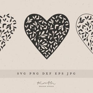 Może przedstawiać: Trzy czarne kształty serc z białym wzorem kwiatowym w środku. Serca są obwiedzione czarną linią. Tekst "SVG PNG DXF EPS JPG" znajduje się pod sercami.