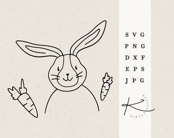 Puede incluir: Un dibujo en blanco y negro de un conejo sosteniendo una zanahoria en cada mano. El conejo sonríe y tiene una apariencia linda y de dibujos animados. La imagen está sobre un fondo beige claro.