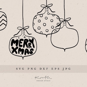 May include: Five black and white Christmas ornaments with different designs. The ornaments are hanging from strings. The ornaments feature a zig-zag pattern, polka dots, a solid shape, stripes, and the text "Merry Xmas".
