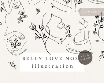 BELLY LOVE PREGNANCY NO3 / vector and png bundle hand drawn sketches baby shower baby birth pregnant woman line art