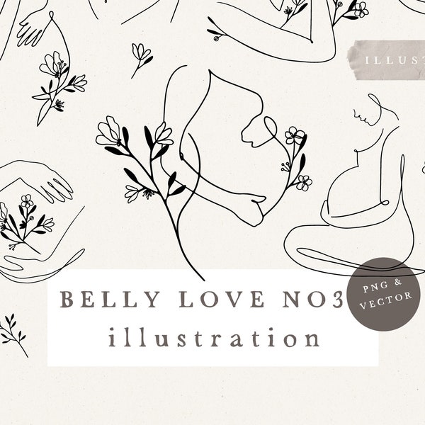 BELLY LOVE PREGNANCY NO3 / vector and png bundle hand drawn sketches baby shower baby birth pregnant woman line art