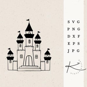 Op de afbeelding: Zwart-witte illustratie van een cartoonkasteel met meerdere torens en een puntdak. Het kasteel heeft een grote, gebogen deur en ramen.