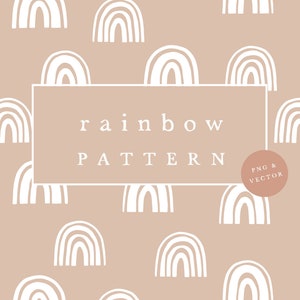 Könnte beinhalten: Ein nahtloses Muster mit weißen Regenbogenformen auf einem hellbraunen Hintergrund. Der Text "rainbow pattern" ist mittig im Bild platziert. Der Text "PNG & VECTOR" befindet sich in einem Kreis in der unteren rechten Ecke des Bildes.
