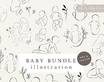 BABY BUNDLE PREGNANCY / vector and png bundle hand drawn sketches baby shower baby birth pregnant woman line art