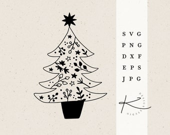 May include: Black and white line art illustration of a Christmas tree decorated with stars and floral elements. The tree is in a pot and has a star on top. The text "SVG PNG DXF EPS JPG" is on the right side of the image.