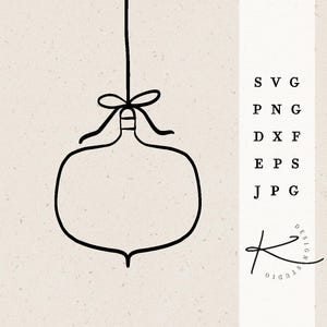 May include: A black and white line drawing of a Christmas ornament hanging from a string with a bow at the top.
