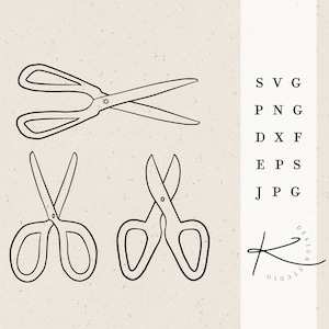 May include: Three black and white line drawings of scissors on a beige background. The text "SVG, PNG, DXF, EPS, JPG" is on the right side of the image. The text "K Design Studio" is in a circle on the right side of the image.