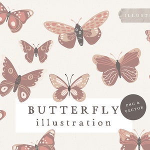 BUTTERFLY CLIPART BUNDLE / vector and png bundle boho illustration hand drawn sketches