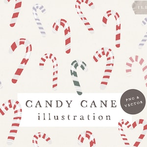 Könnte beinhalten: Eine digitale Illustration eines Musters aus Zuckerstangen in verschiedenen Farben, darunter Rot, Weiß, Grün und Rosa. Der Text "CANDY CANE illustration" befindet sich in der Mitte des Bildes.