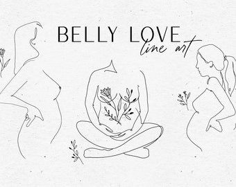Peut inclure: Trois illustrations de femmes enceintes en ligne avec des fleurs. La première femme est debout, la main sur la hanche. La deuxième femme est assise, les jambes croisées et les mains sur le ventre. La troisième femme est debout, la main sur le ventre. Le texte "Belly Love line art" est en haut de l'image.