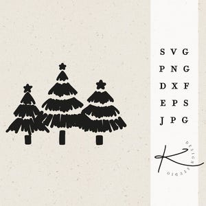May include: Three black silhouette Christmas trees with star toppers on a beige background. The text 'SVG PNG DXF EPS JPG' is on the right side of the image.