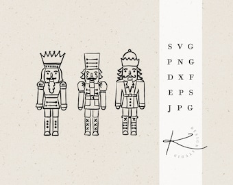 May include: Three black and white line drawings of nutcracker figures. The figures are all different, with one wearing a crown, one with a mustache, and one with a beard.