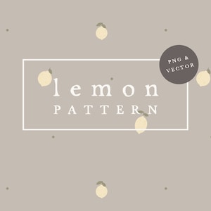 Könnte beinhalten: Ein nahtloses Muster mit einer hellgelben Zitrone mit grünem Stiel und Blättern auf hellgrauem Hintergrund. Der Text "lemon pattern" ist in einem weißen Rechteck zentriert.