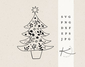 May include: Black and white line art illustration of a Christmas tree decorated with stars, dots, and leaves. The tree is in a pot and has a star on top. The text "SVG PNG DXF EPS JPG" is on the right side of the image.