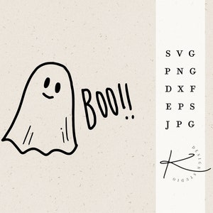 Puede incluir: Una ilustración en blanco y negro de un fantasma con una cara sonriente y la palabra "BOO!" escrita a su lado. La imagen está sobre un fondo beige.