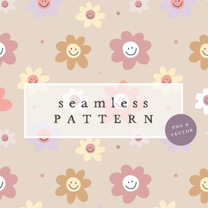 Könnte beinhalten: Ein nahtloses Muster mit bunten Blumen mit Smiley-Gesichtern. Der Hintergrund ist hellbraun mit kleinen weißen Punkten. Der Text "seamless pattern" befindet sich in der Mitte des Bildes.