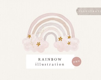WATERCOLOR RAINBOW CLIPART / hand drawn watercolor rainbow gold glitter png Illustration Clipart for Card Design and Social Media