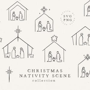 May include: A series of black and white line drawings depicting Christmas nativity scenes. The illustrations feature the holy family, stars, and the words "Christmas Nativity Scene collection".