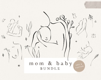 BELLY LOVE PREGNANCY / vector and png bundle hand drawn sketches baby shower baby birth pregnant woman line art
