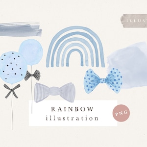 BUNDEL BABY CLIPART / handgetekende aquarel regenboogwolk png blauw illustratie clipart voor kaartontwerp en sociale media
