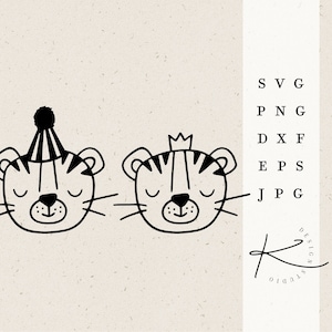 May include: Three black and white line drawings of tiger faces. The tiger in the middle is wearing a party hat. The tiger on the right is wearing a crown.