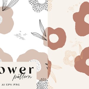 Könnte beinhalten: Ein nahtloses Muster mit abstrakten Blumen in Braun- und Beigetönen auf weißem Hintergrund. Die Blumen sind schwarz umrandet und haben eine gesprenkelte Textur. Der Text "flower pattern AI/EPS/PNG" befindet sich am unteren Rand des Bildes.