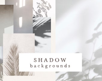 Peut inclure: Un collage d'images présentant des ombres abstraites de feuilles et de branches sur un fond blanc. Le texte "SHADOW backgrounds" est affiché au centre de l'image.