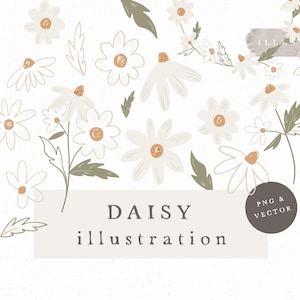 Op de afbeelding: Een digitale illustratie van witte madeliefjes met bruine centra, verspreid over een witte achtergrond met een subtiele textuur. De tekst "DAISY illustration" staat onderaan de afbeelding, en een bruine cirkel met de tekst "PNG & VECTOR" staat in de rechterbenedenhoek.