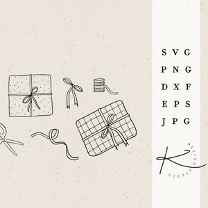 May include: A set of black and white line drawings of gift wrapping supplies, including two gift boxes, ribbon, scissors, and a spool of ribbon. The text "SVG, PNG, DXF, EPS, JPG" is on the right side of the image.