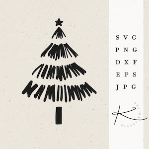May include: Black and white hand-drawn illustration of a Christmas tree with a star on top. The tree is stylized with a simple, minimalist design.