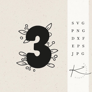 May include: Black and white floral design featuring the number 3. The design is surrounded by leaves and small flowers. The image includes the text "SVG, PNG, DXF, EPS, JPG".